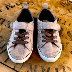 Used- neutral colored sueded sneakers. Size 7- Velcro.